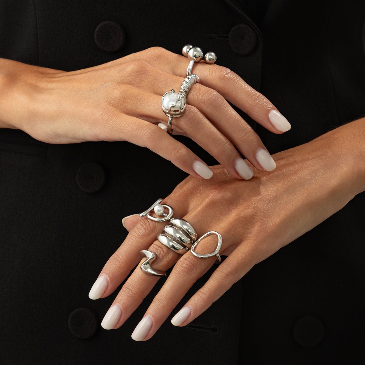 Pearl Ring Set 7pcs - Geometric Irregular Hollow Curved Statement - ArtGalleryZen