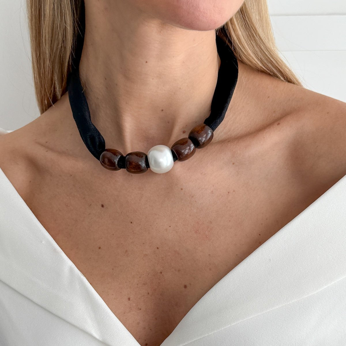 Pearl Wooden Bead Velvet Choker Necklace Layered Boho Charm - ArtGalleryZen