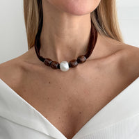 Thumbnail for Pearl Wooden Bead Velvet Choker Necklace Layered Boho Charm - ArtGalleryZen