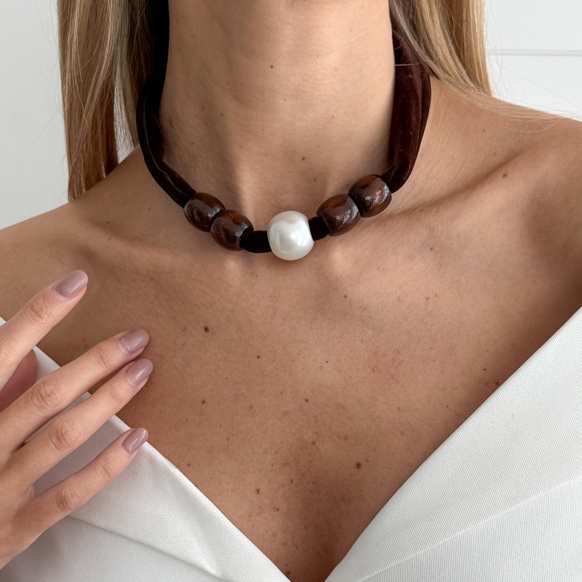 Pearl Wooden Bead Velvet Choker Necklace Layered Boho Charm - ArtGalleryZen