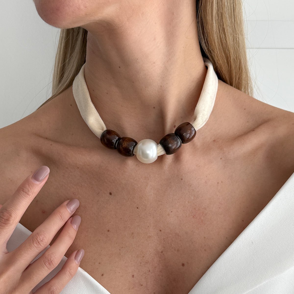 Pearl Wooden Bead Velvet Choker Necklace Layered Boho Charm - ArtGalleryZen