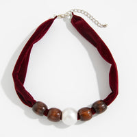 Thumbnail for Pearl Wooden Bead Velvet Choker Necklace Layered Boho Charm - ArtGalleryZen