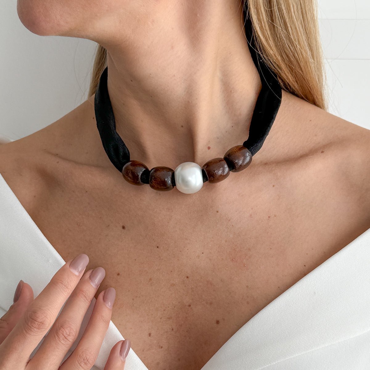 Pearl Wooden Bead Velvet Choker Necklace Layered Boho Charm - ArtGalleryZen