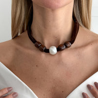 Thumbnail for Pearl Wooden Bead Velvet Choker Necklace Layered Boho Charm - ArtGalleryZen