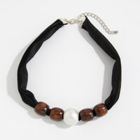 Thumbnail for Pearl Wooden Bead Velvet Choker Necklace Layered Boho Charm - ArtGalleryZen