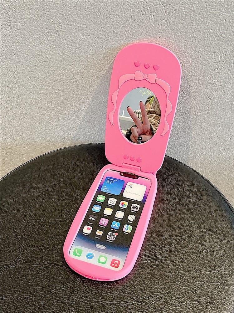 Pink Bowknot Heart Mirror Flip iPhone Case - ArtGalleryZen