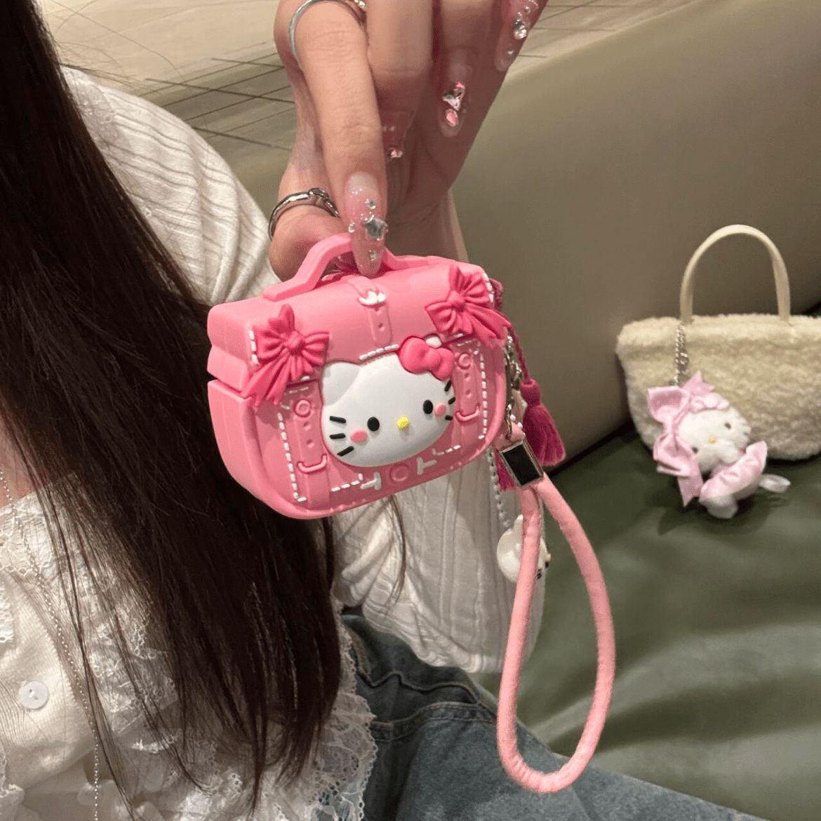 Pink Briefcase Hello Kitty AirPods Earphone Case With Lanyard