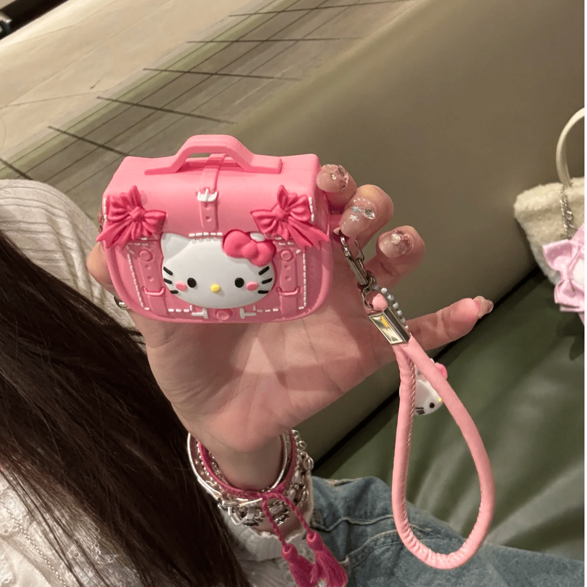 Pink Briefcase Hello Kitty AirPods Earphone Case With Lanyard