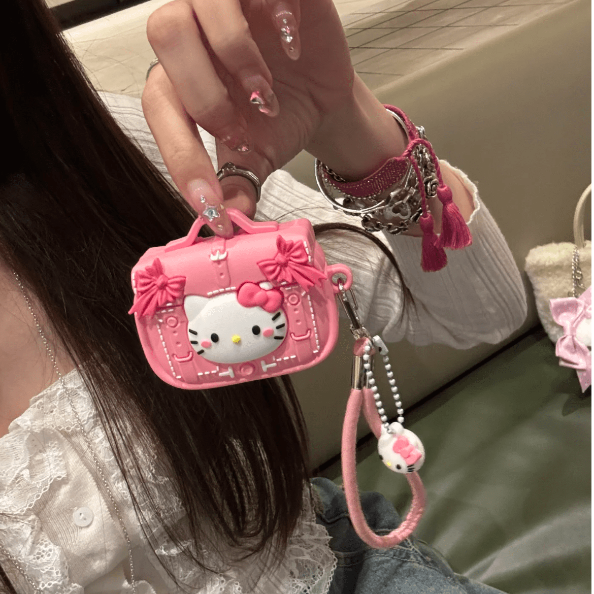 Pink Briefcase Hello Kitty AirPods Earphone Case With Lanyard