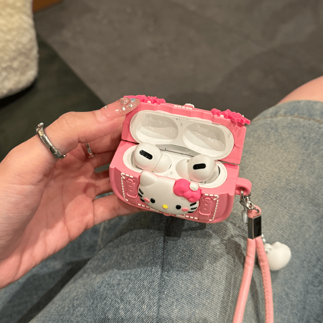 Pink Briefcase Hello Kitty AirPods Earphone Case With Lanyard