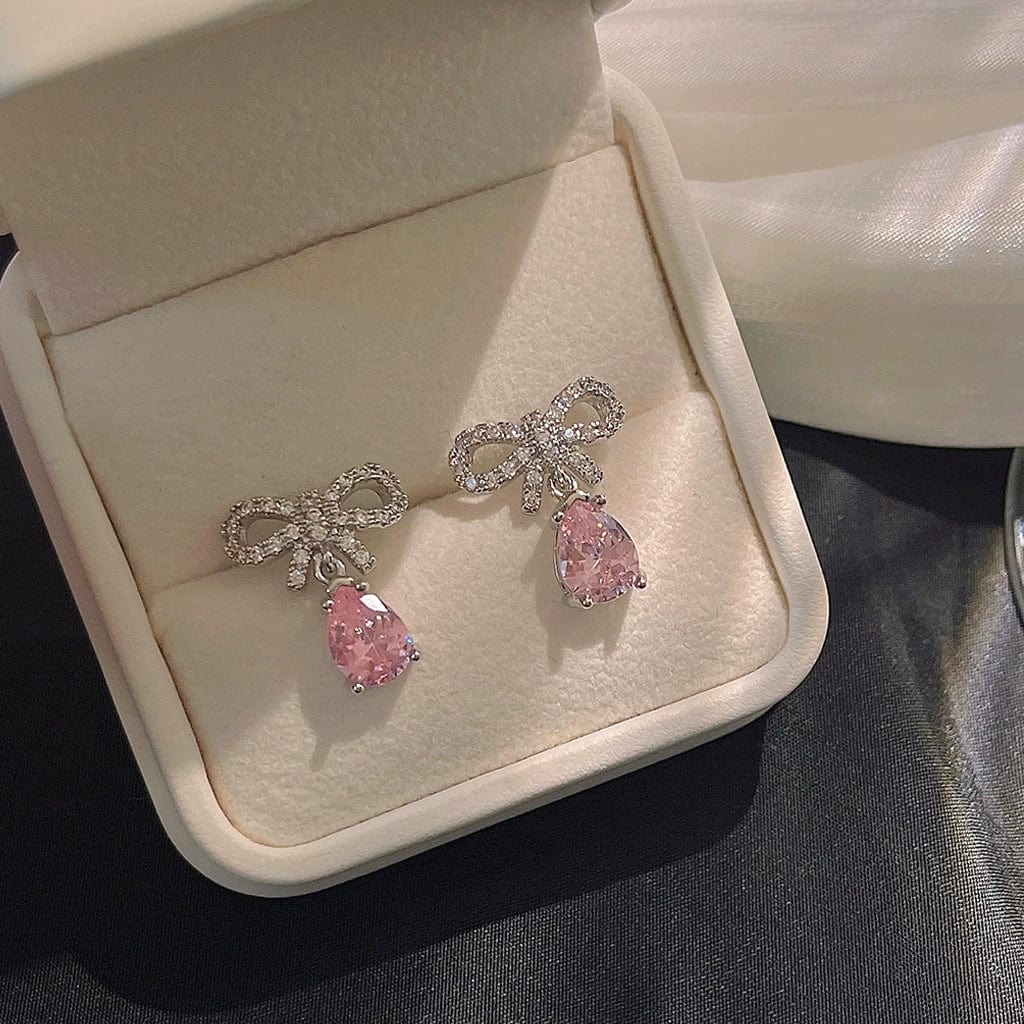 Pink Crystal Bowknot Dangle Earrings - ArtGalleryZen