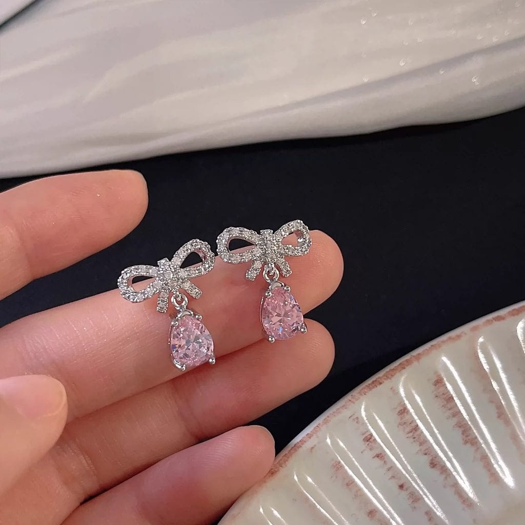 Pink Crystal Bowknot Dangle Earrings - ArtGalleryZen
