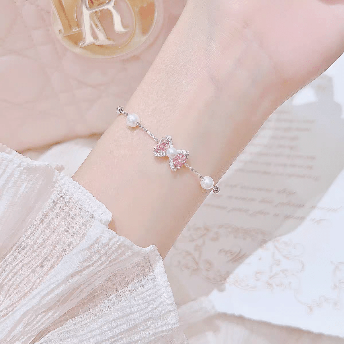 Pink Crystal Bowknot Pearl Chain Bracelet - ArtGalleryZen