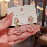 Thumbnail for Pink Crystal Dangle Heart Earrings - ArtGalleryZen