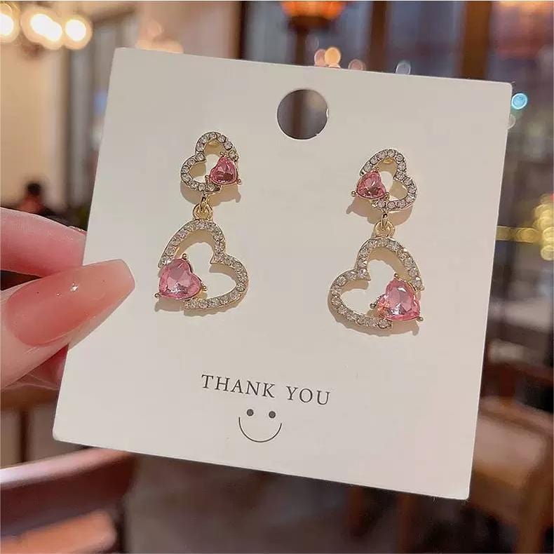 Pink Crystal Dangle Heart Earrings - ArtGalleryZen
