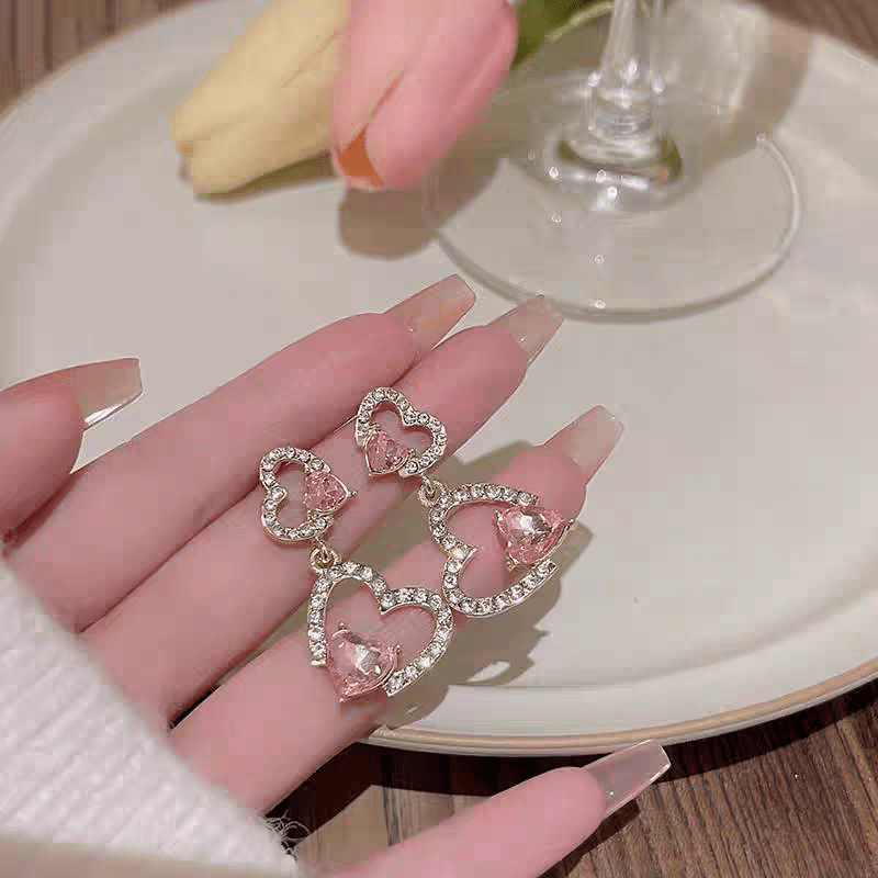 Pink Crystal Dangle Heart Earrings - ArtGalleryZen