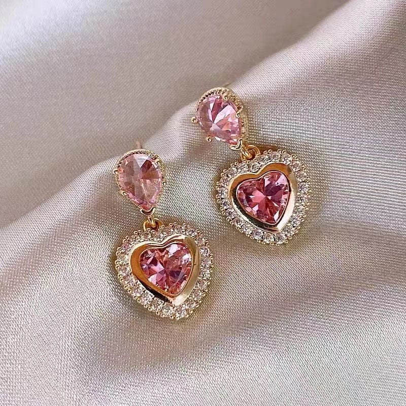 Pink Crystal Dangling Heart Earrings - ArtGalleryZen