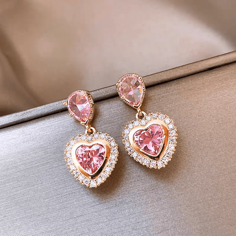 Pink Crystal Dangling Heart Earrings - ArtGalleryZen