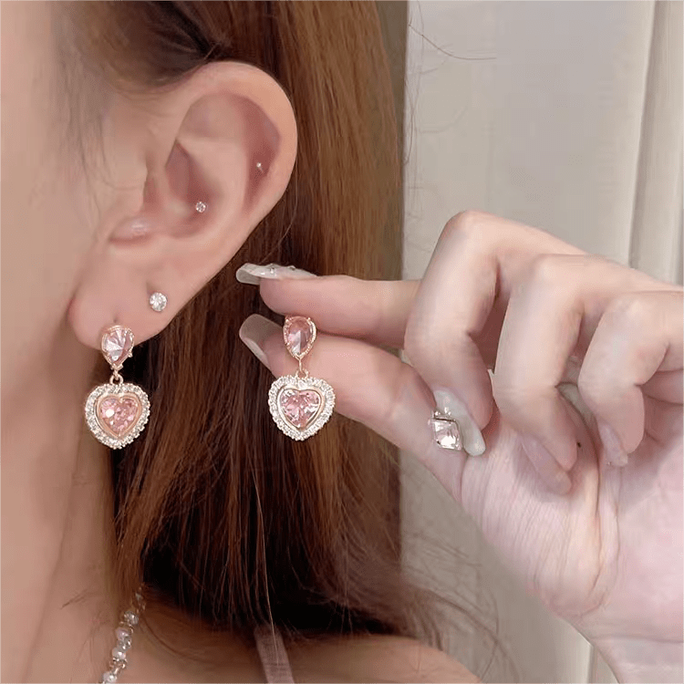 Pink Crystal Dangling Heart Earrings - ArtGalleryZen