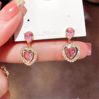 Thumbnail for Pink Crystal Dangling Heart Earrings - ArtGalleryZen