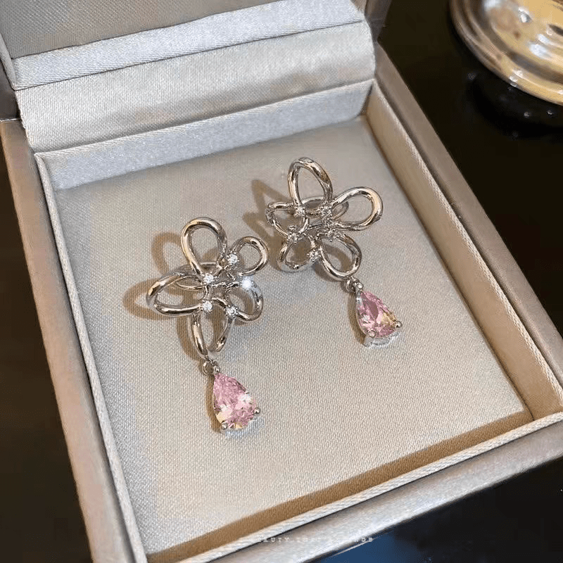 Pink Crystal Floral Dangle Ear Cuff Earrings - ArtGalleryZen