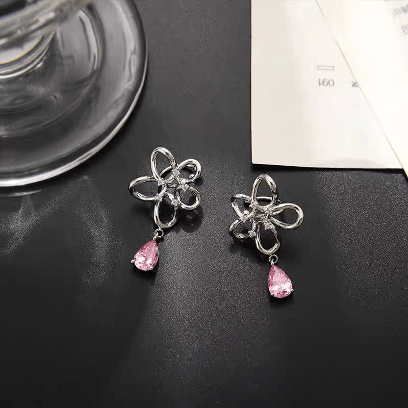 Pink Crystal Floral Dangle Ear Cuff Earrings - ArtGalleryZen