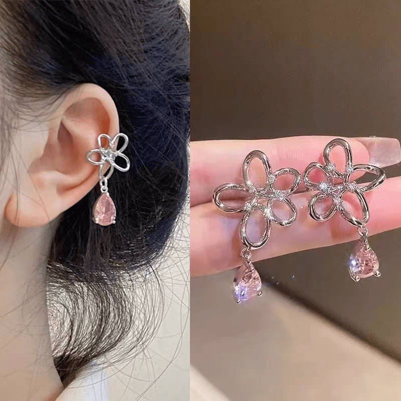 Pink Crystal Floral Dangle Ear Cuff Earrings - ArtGalleryZen