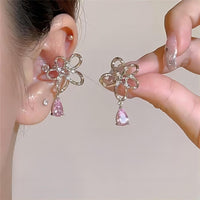 Thumbnail for Pink Crystal Floral Dangle Ear Cuff Earrings - ArtGalleryZen