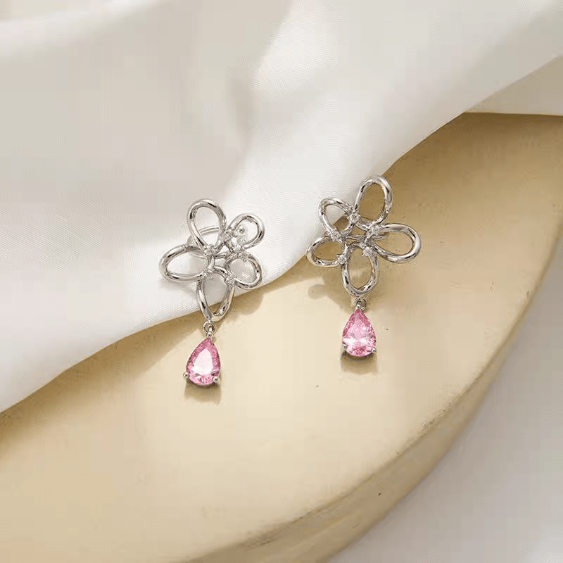 Pink Crystal Floral Dangle Ear Cuff Earrings - ArtGalleryZen