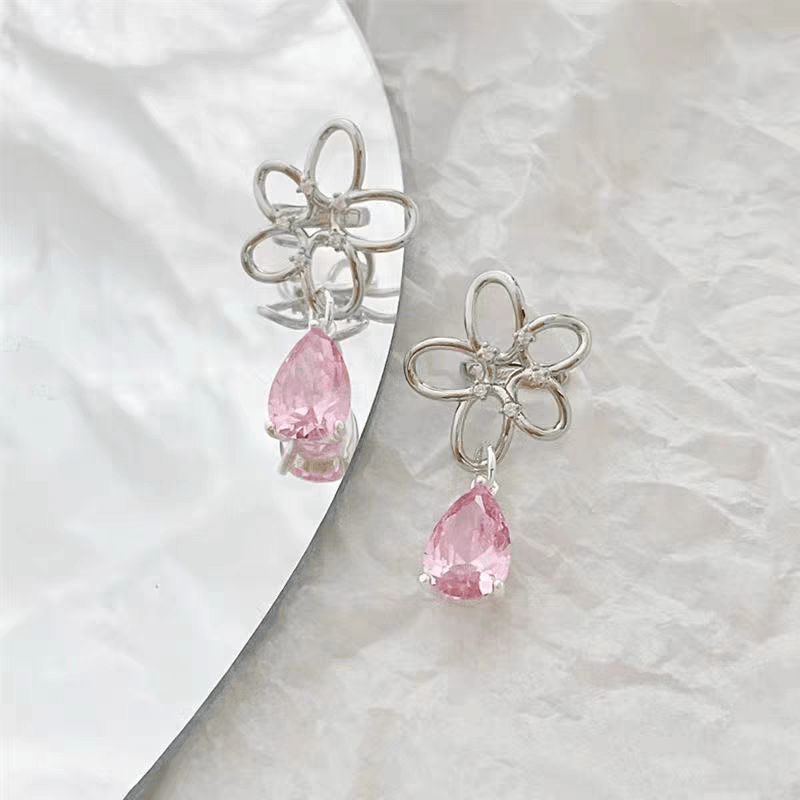 Pink Crystal Floral Dangle Ear Cuff Earrings - ArtGalleryZen