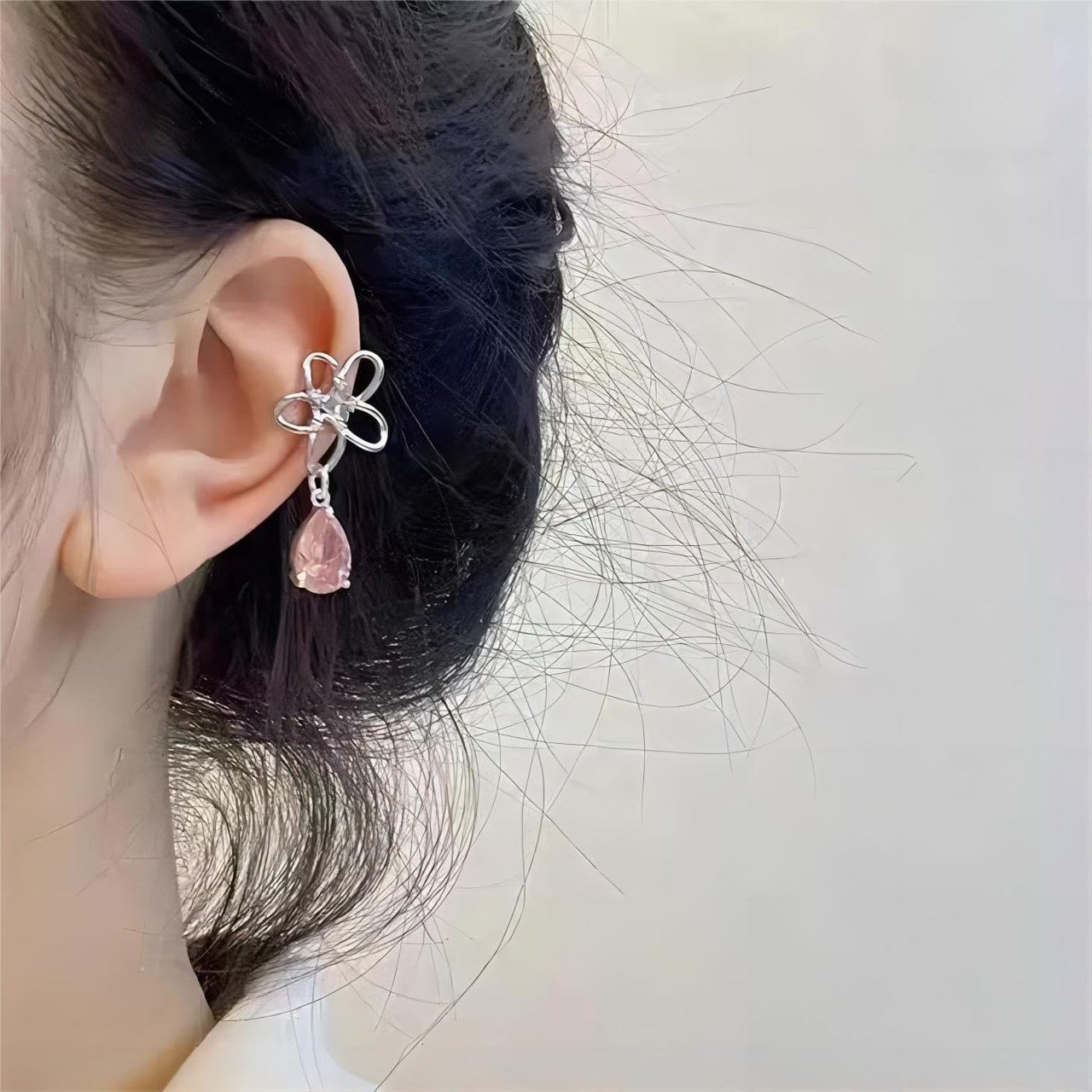Pink Crystal Floral Dangle Ear Cuff Earrings - ArtGalleryZen