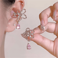Thumbnail for Pink Crystal Floral Dangle Ear Cuff Earrings - ArtGalleryZen