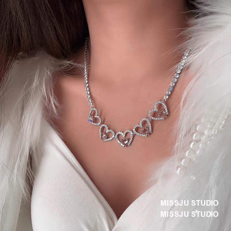 Pink Crystal Hollow Heart Necklace - ArtGalleryZen