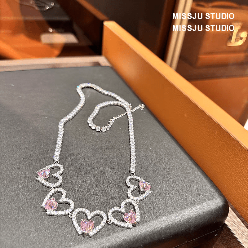 Pink Crystal Hollow Heart Necklace - ArtGalleryZen