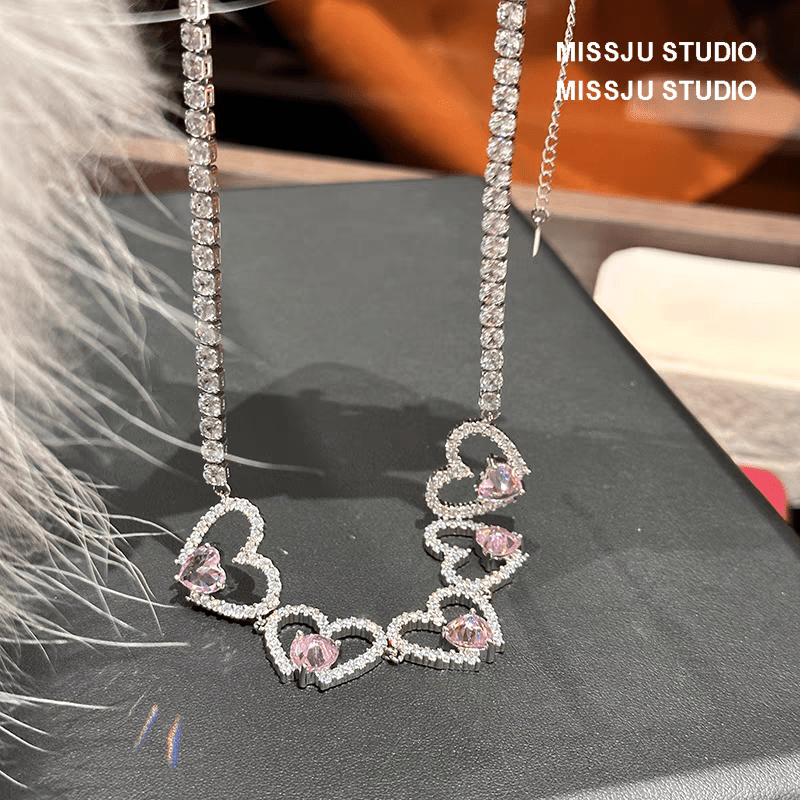 Pink Crystal Hollow Heart Necklace - ArtGalleryZen
