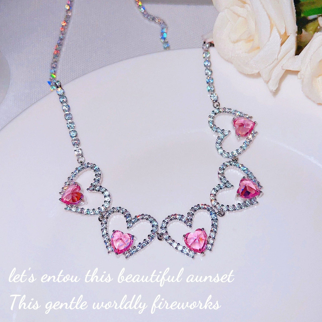 Pink Crystal Hollow Heart Necklace - ArtGalleryZen