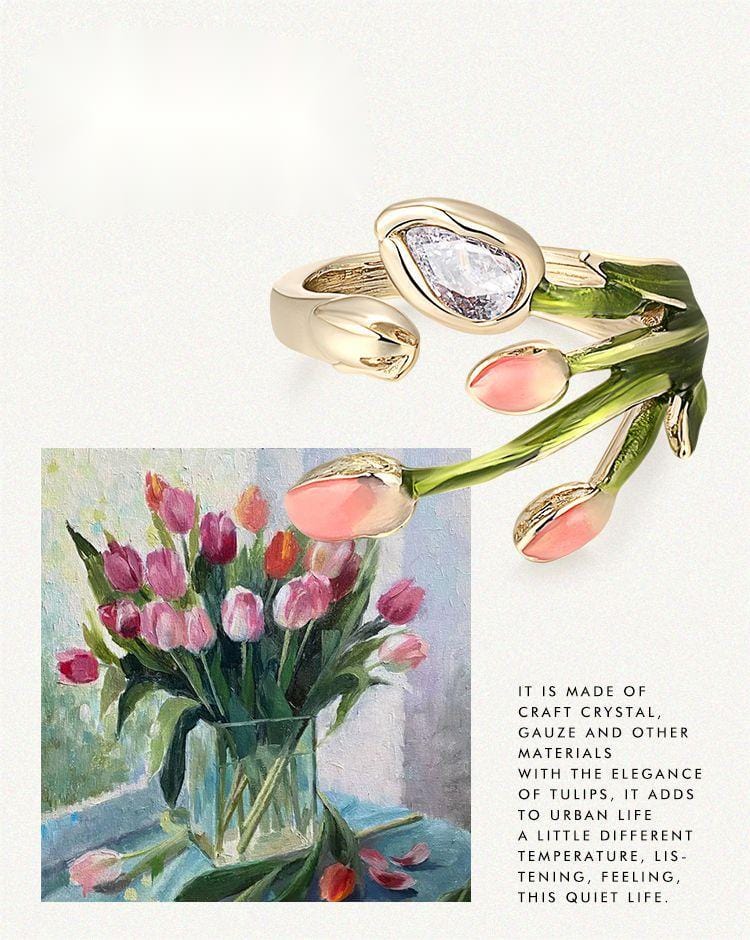 Pink Crystal Inlaid Enamel Tulip Ring - ArtGalleryZen