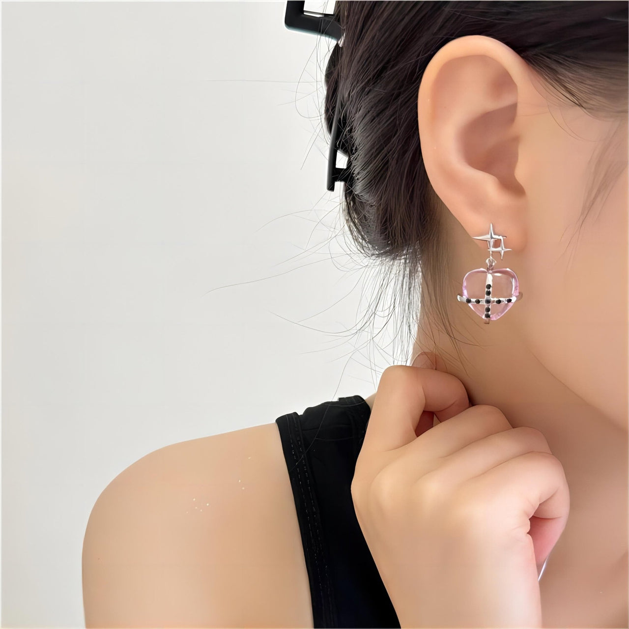 Pink Crystal Star Heart Dangle Earrings - ArtGalleryZen