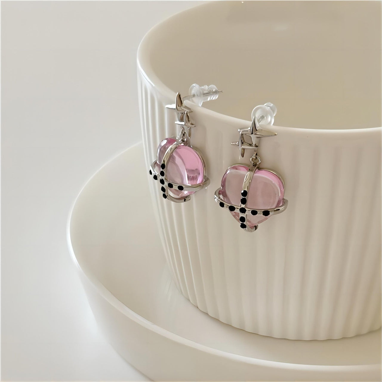 Pink Crystal Star Heart Dangle Earrings - ArtGalleryZen