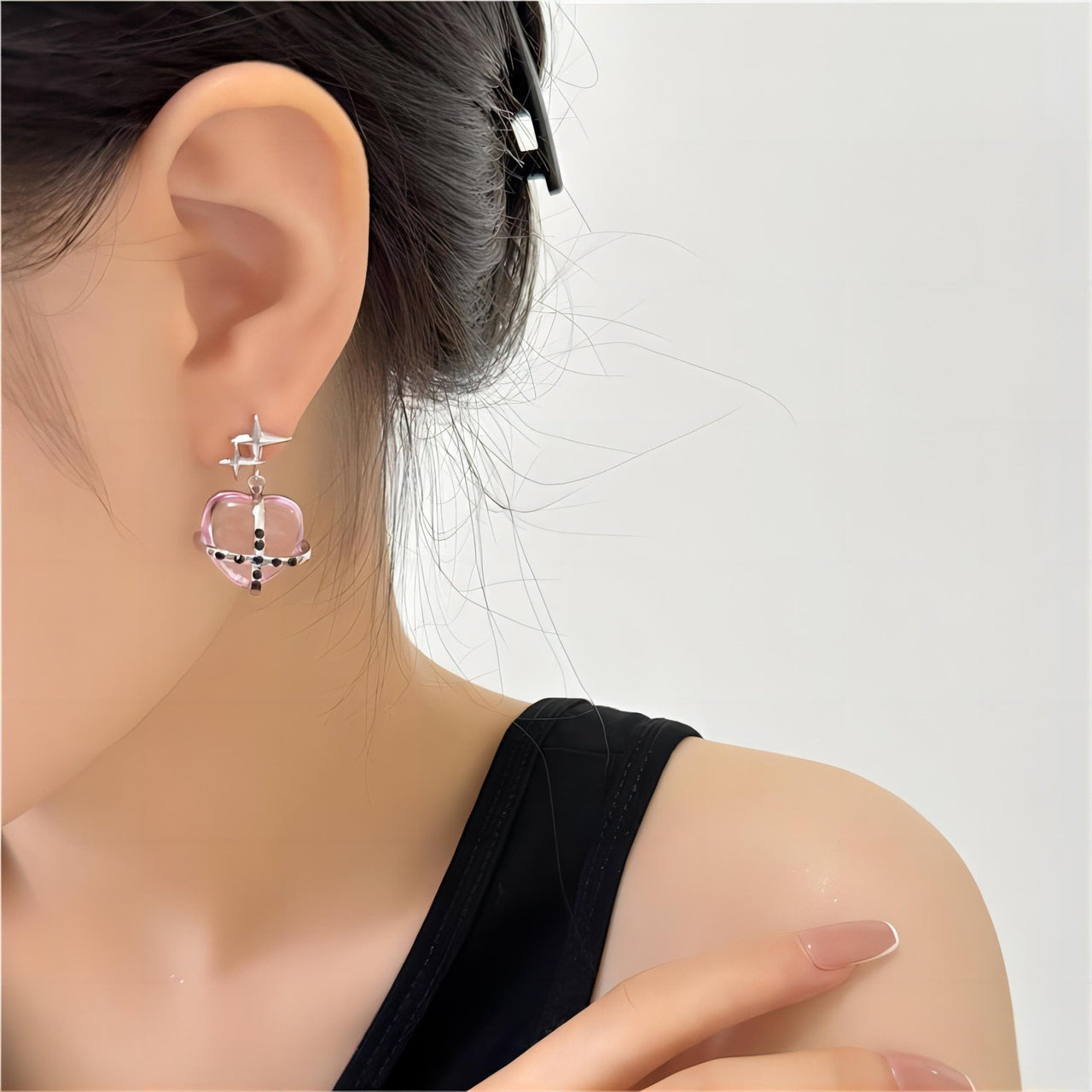 Pink Crystal Star Heart Dangle Earrings - ArtGalleryZen