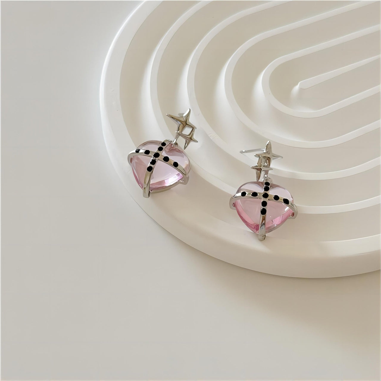 Pink Crystal Star Heart Dangle Earrings - ArtGalleryZen