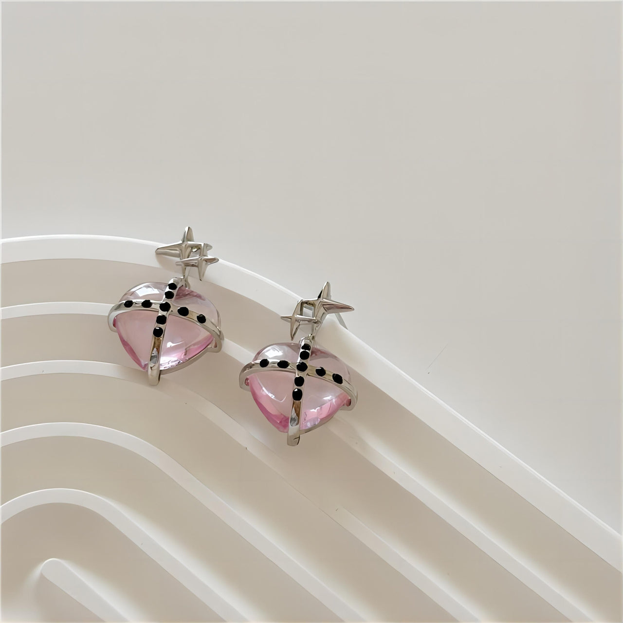 Pink Crystal Star Heart Dangle Earrings - ArtGalleryZen