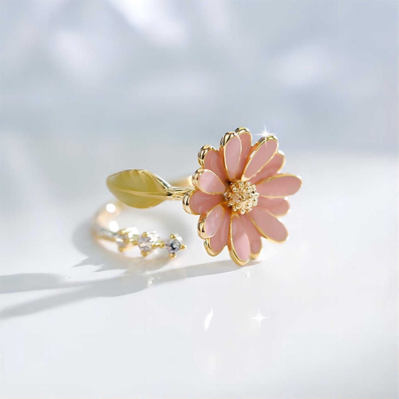 Pink CZ Inlaid Enamel Daisy Ring - ArtGalleryZen