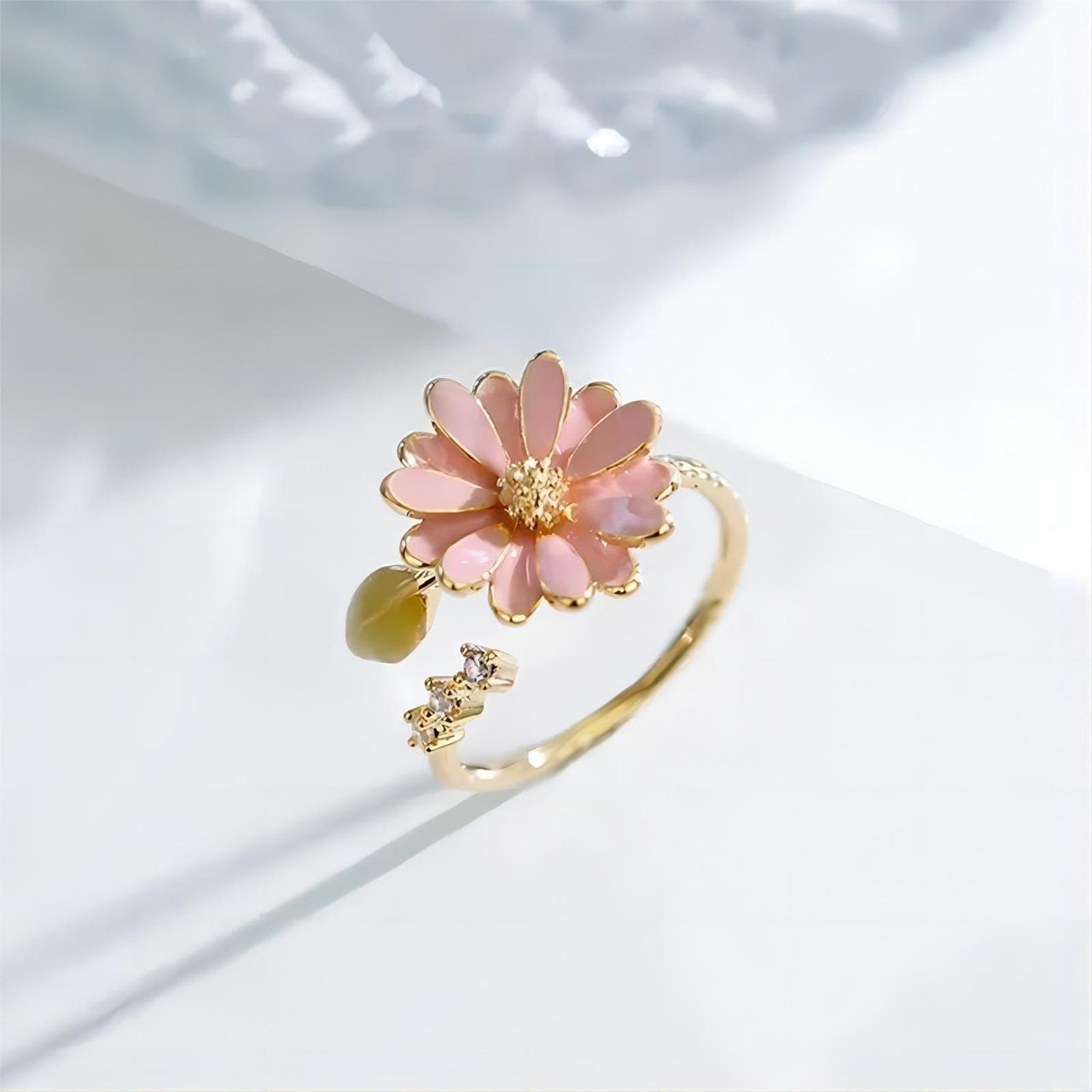 Pink CZ Inlaid Enamel Daisy Ring - ArtGalleryZen