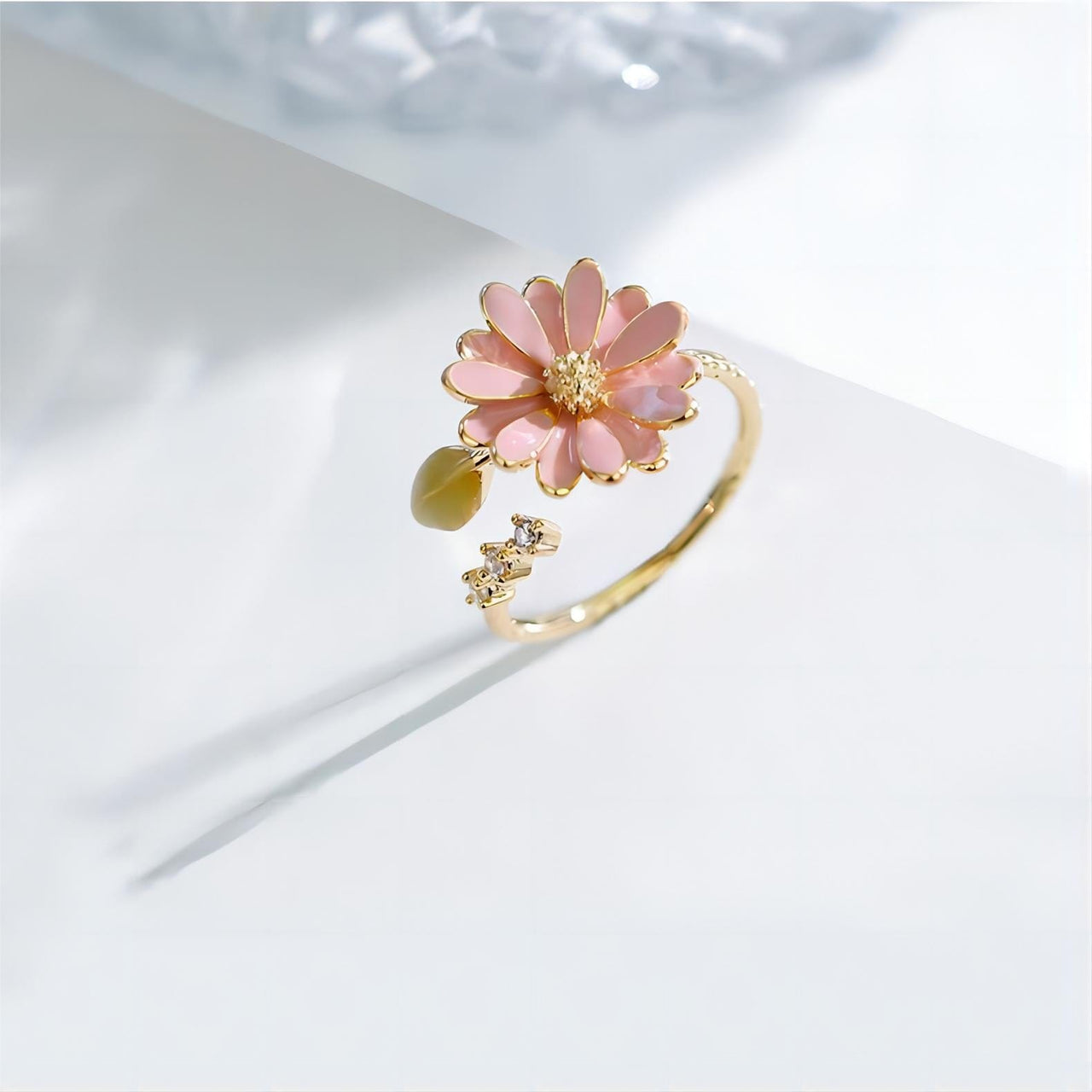 Pink CZ Inlaid Enamel Daisy Ring - ArtGalleryZen