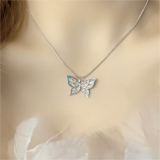 Beautiful butterfly pendant with good necklace, cloisonné enamel and fine silver combination, gift , love , colors,