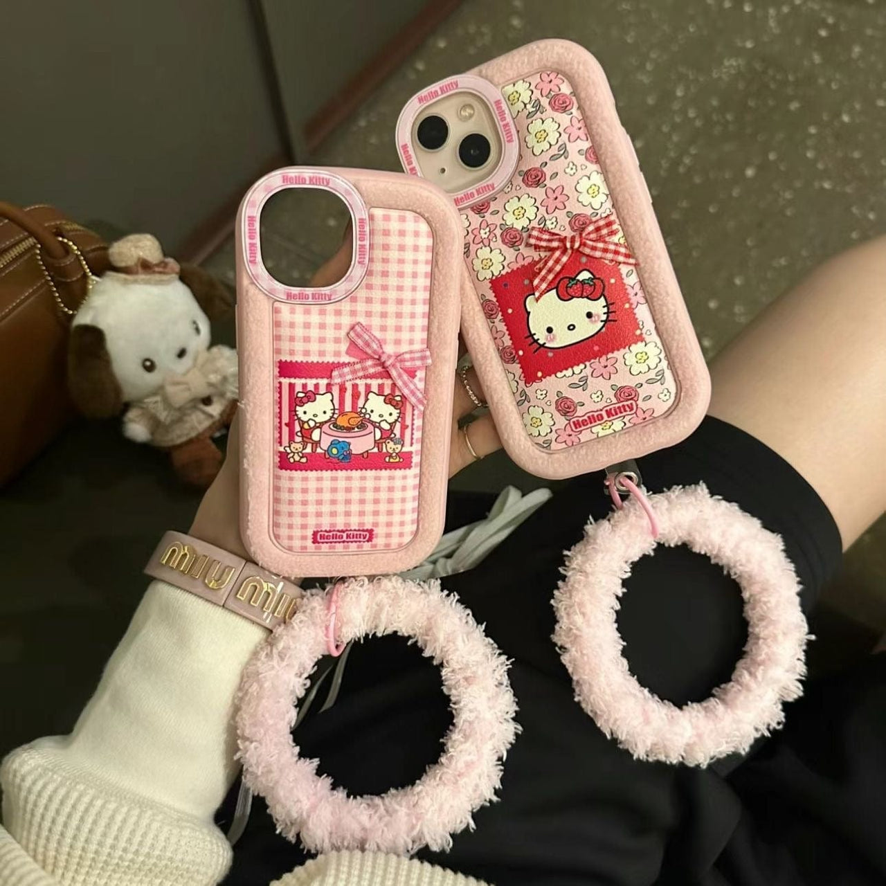 Pink Floral Hello Kitty iPhone Case With Plush Accessories