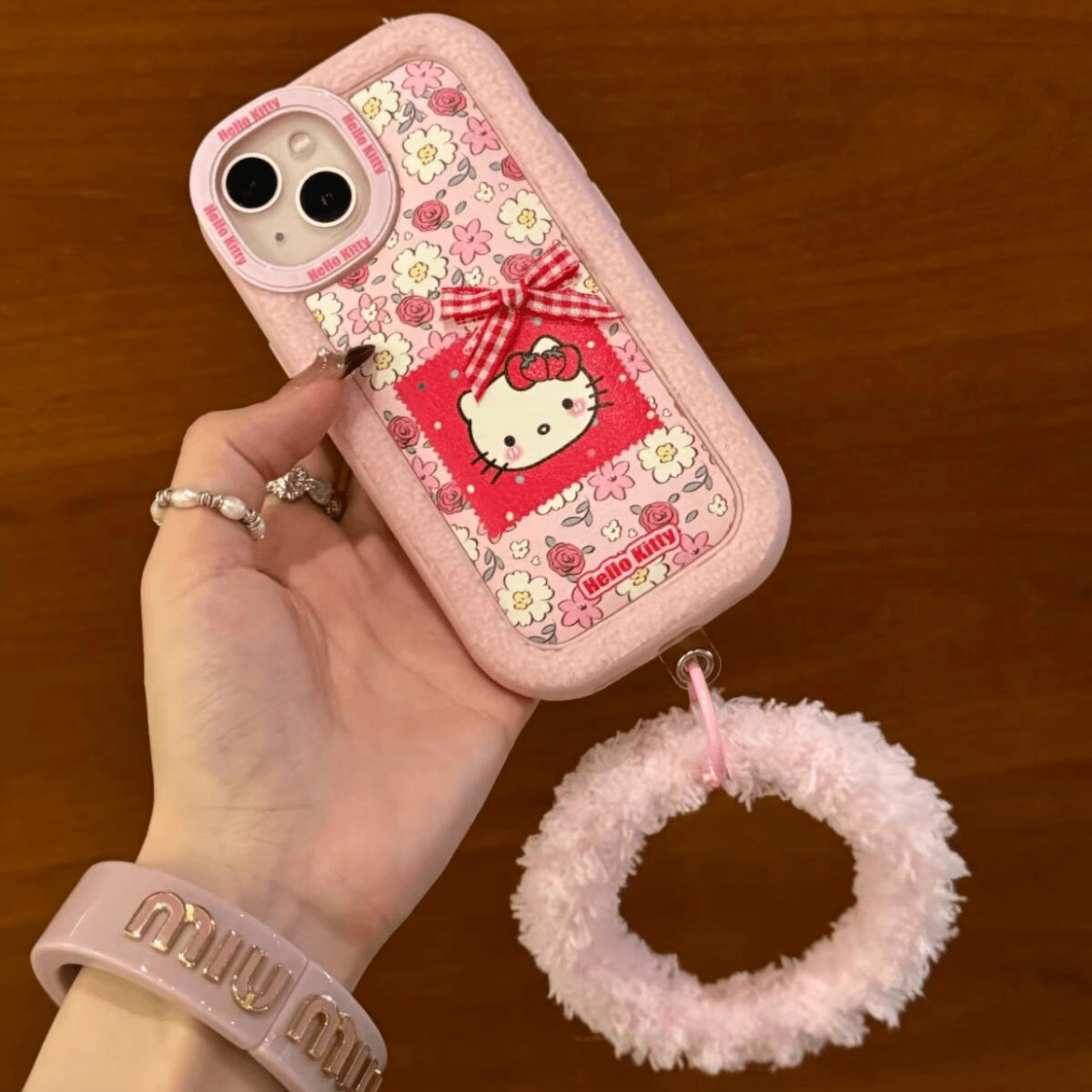 Pink Floral Hello Kitty iPhone Case With Plush Accessories