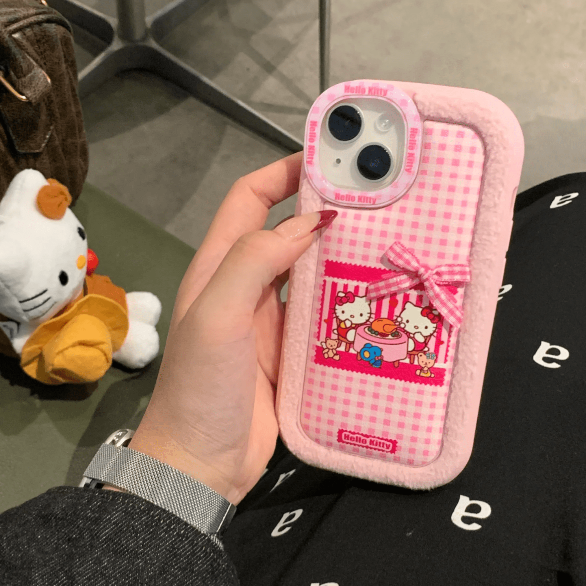 Pink Floral Hello Kitty iPhone Case With Plush Accessories