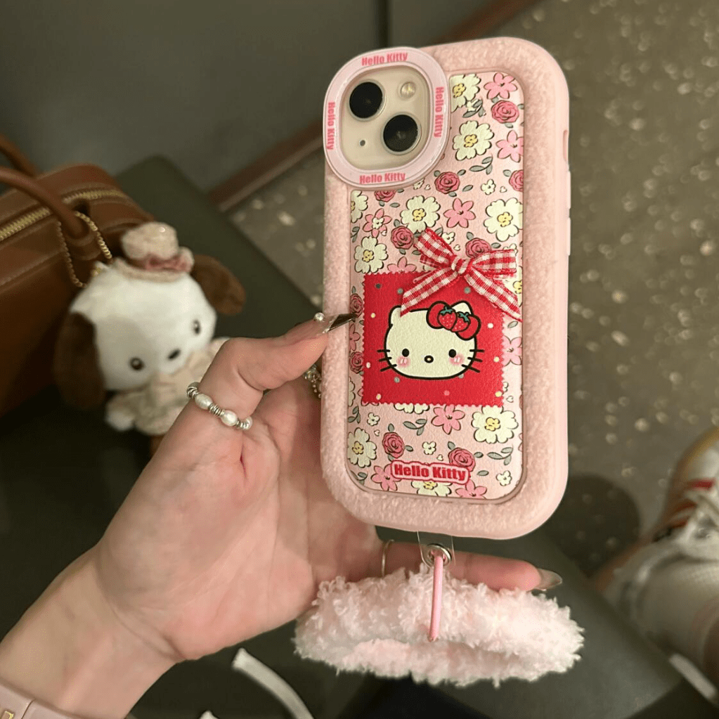 Pink Floral Hello Kitty iPhone Case With Plush Accessories